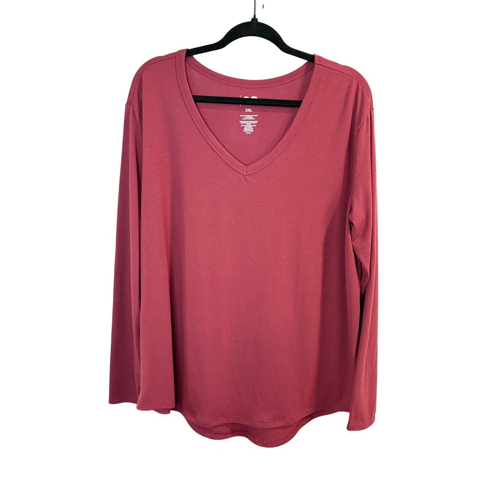 SO Long Sleeve V-Neck Tee Burgundy‎ Rose Curved Hem Size XXL Plus Size